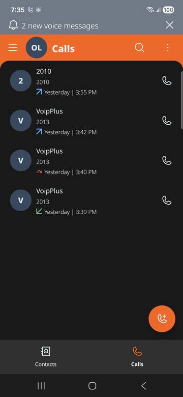 VoipPlus Android app call history showing recent calls