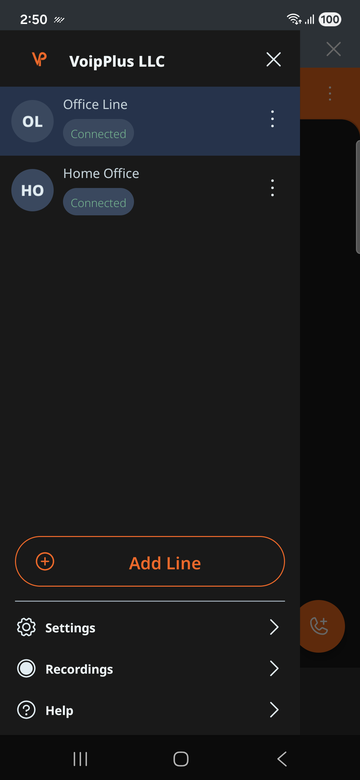 VoipPlus Android app showing multiple registered extensions